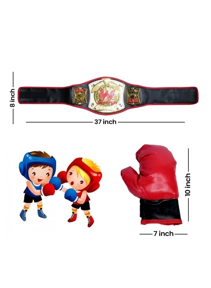 بريميم حزام بطولة المصارعة للأطفال مع مجموعة قفازات الملاكمة - حزام بطولة على طراز WWE وقفازات ملاكمة حمراء للعب التخيلي - Image 2